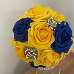 Yellow and royal blue hand made bridesmaid’s bouquet with pendants